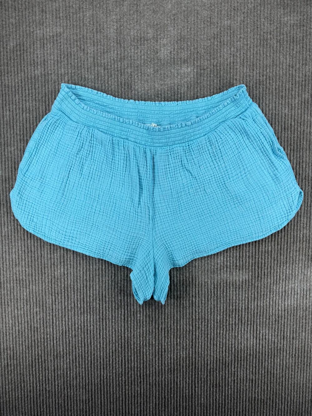 Aerie Gauzy High Waisted Shorts Blue Cotton Crinkle Gauze Smocked Pull On XL
